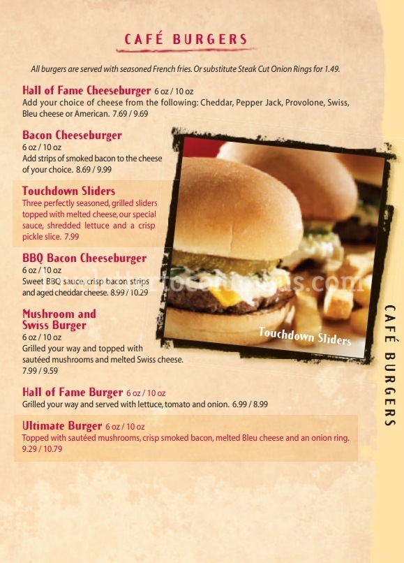Burgers page on Buckeye Hall Of Fame Cafe menu.